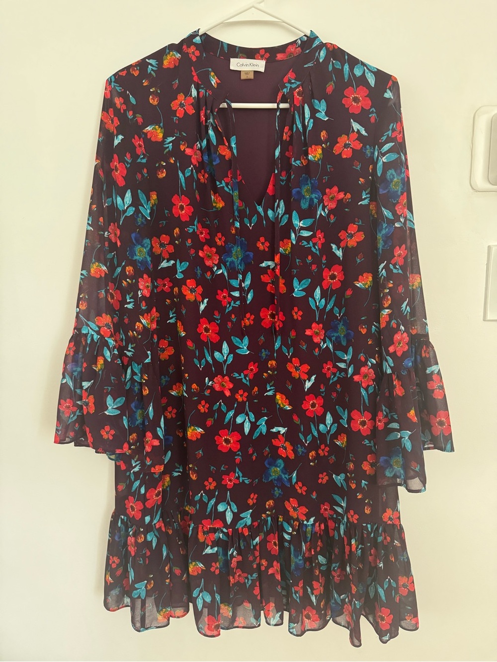 Calvin Klein Floral Long-Sleeve Ruffle Dress